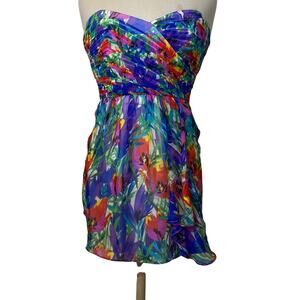 Shoshanna 100% Silk Watercolor Floral Colorful Ruche Strapless Mini Dress Size 2